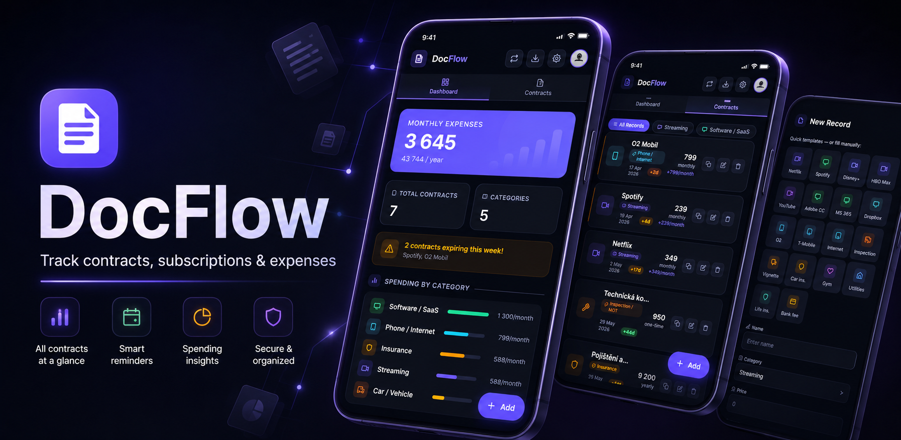 DocFlow app preview showing contracts, dashboard, and document tracking