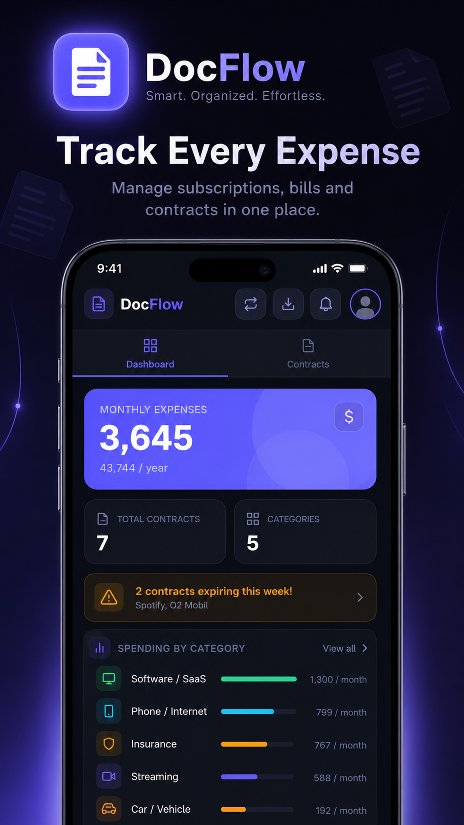 DocFlow dashboard with monthly expenses and categories