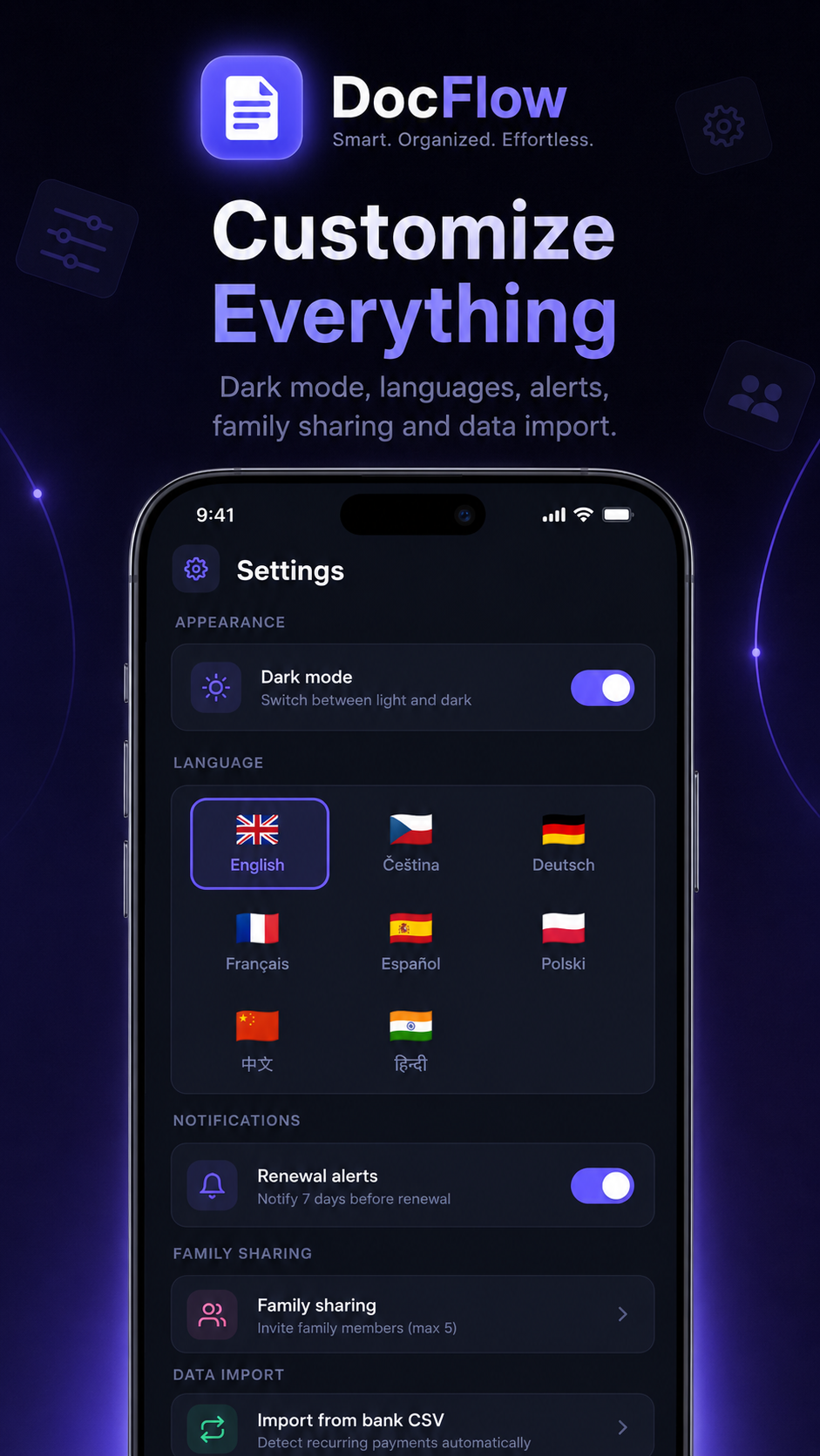 DocFlow settings with language picker and theme options